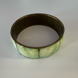 Elegant Vintage Green Mother of Pearl Inlay and Brass Tone Bangle Bracelet, Wide